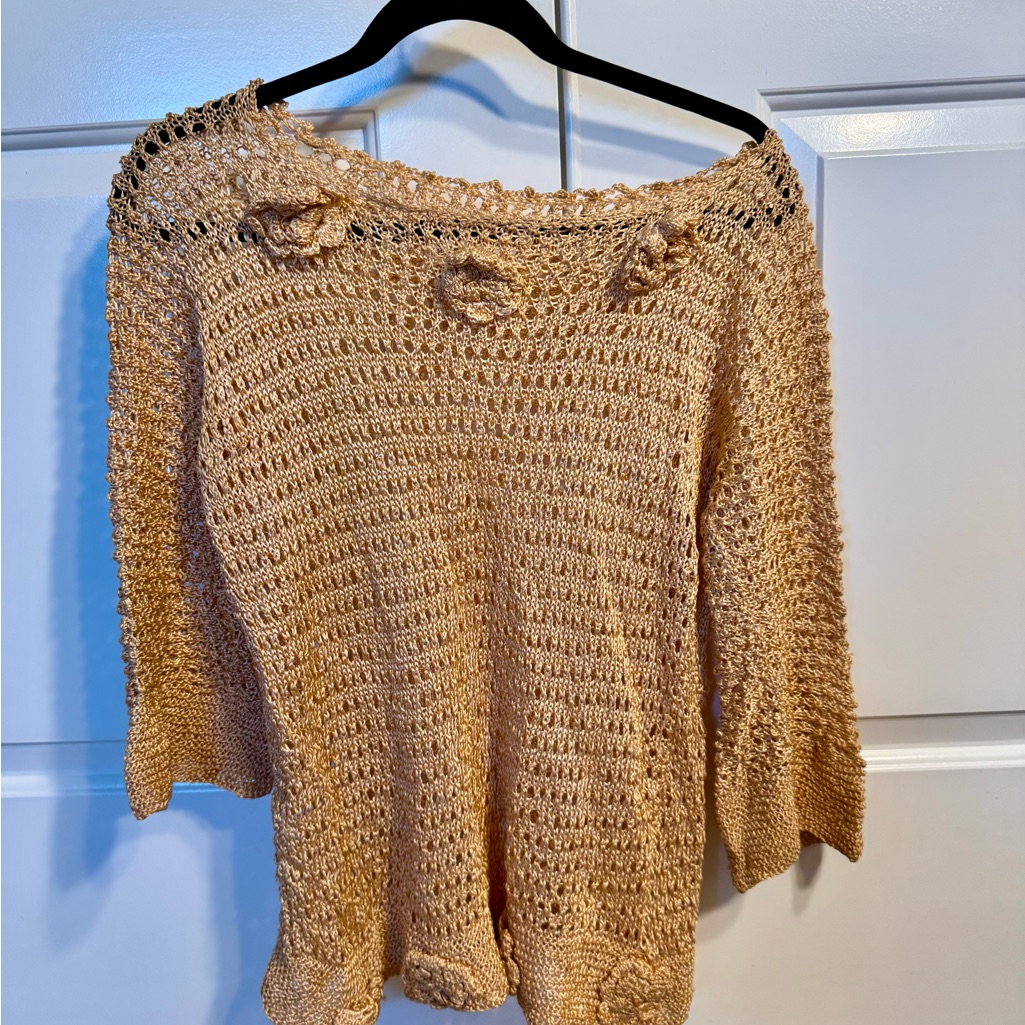 Vintage Hand Knit Crochet Open Knit Sweater Beige Boho Size S